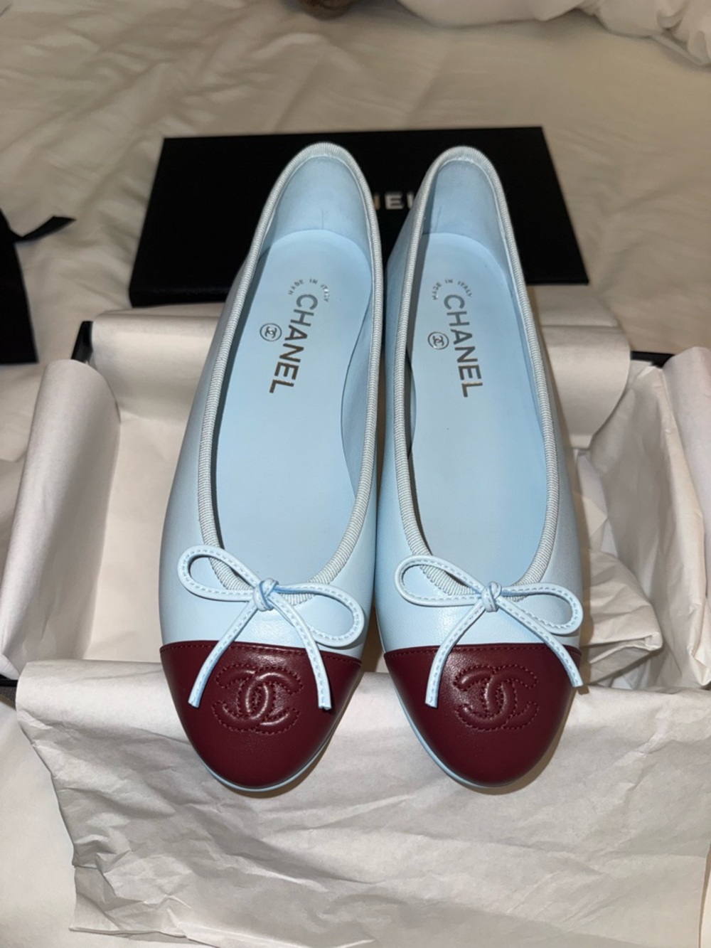CHANEL Light Blue and Burgundy Cap-Toe Ballet Flats